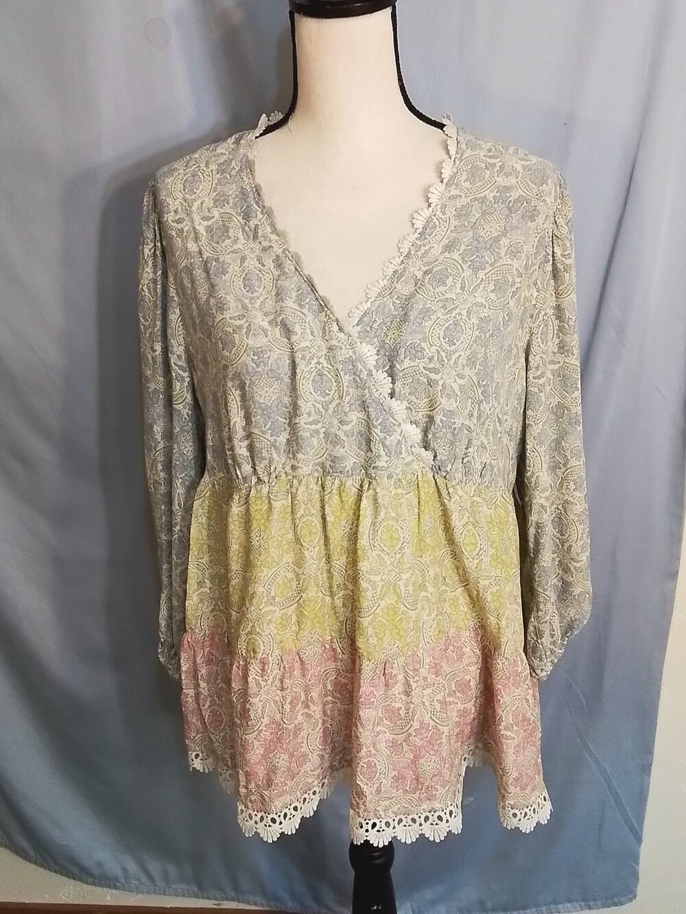 Cato vintage blouse, blue, yellow and pink layers. Boho style.